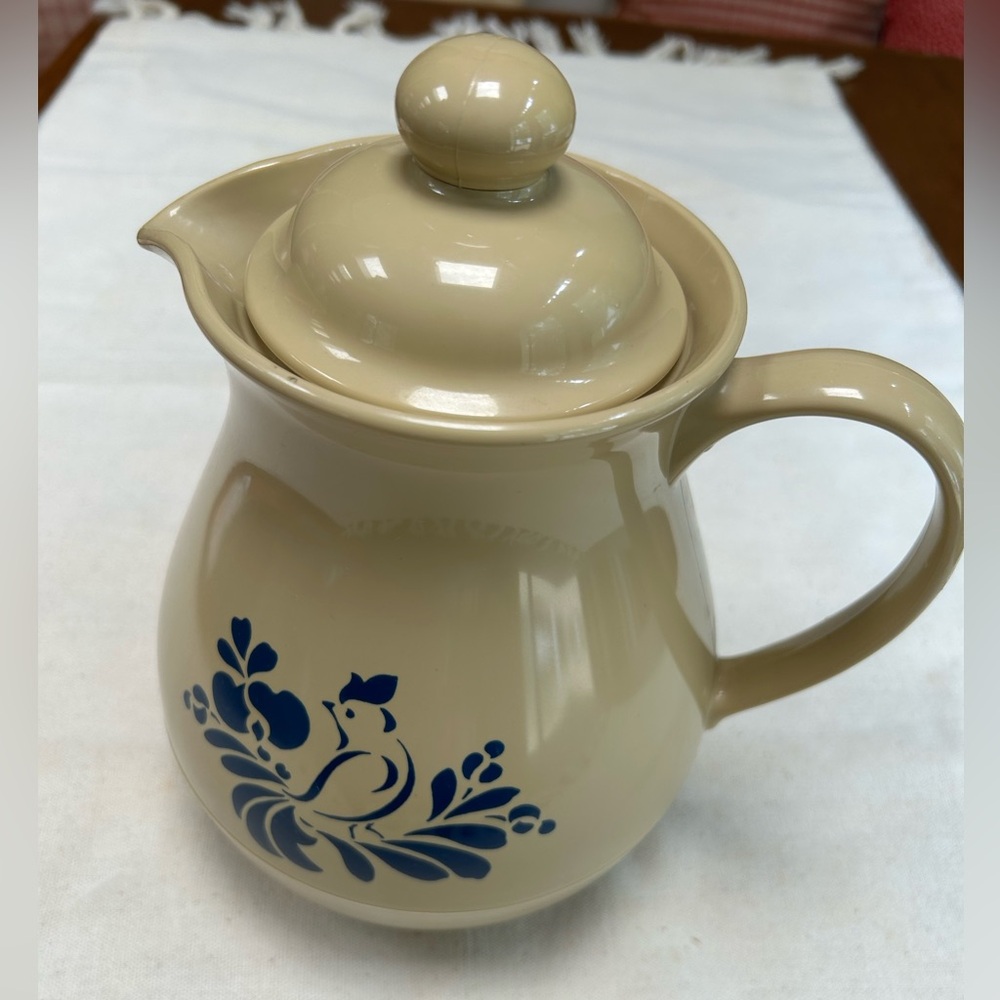 Tan/Cream Vintage Pfaltzgraff Thermos Pitcher with Blue Bird Design. Hot & Cold